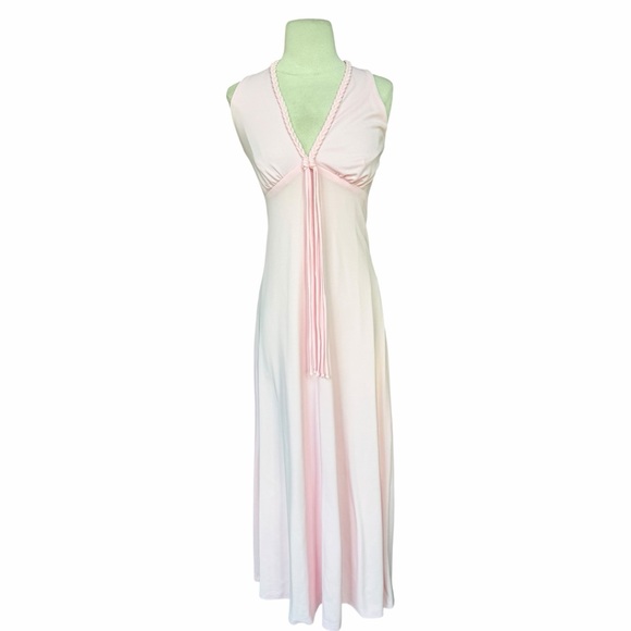 Vintage Dresses & Skirts - 1970s Pale Pink Braided‎ Trim V-Neckline w/Tassels Lined Poly Maxi Dress